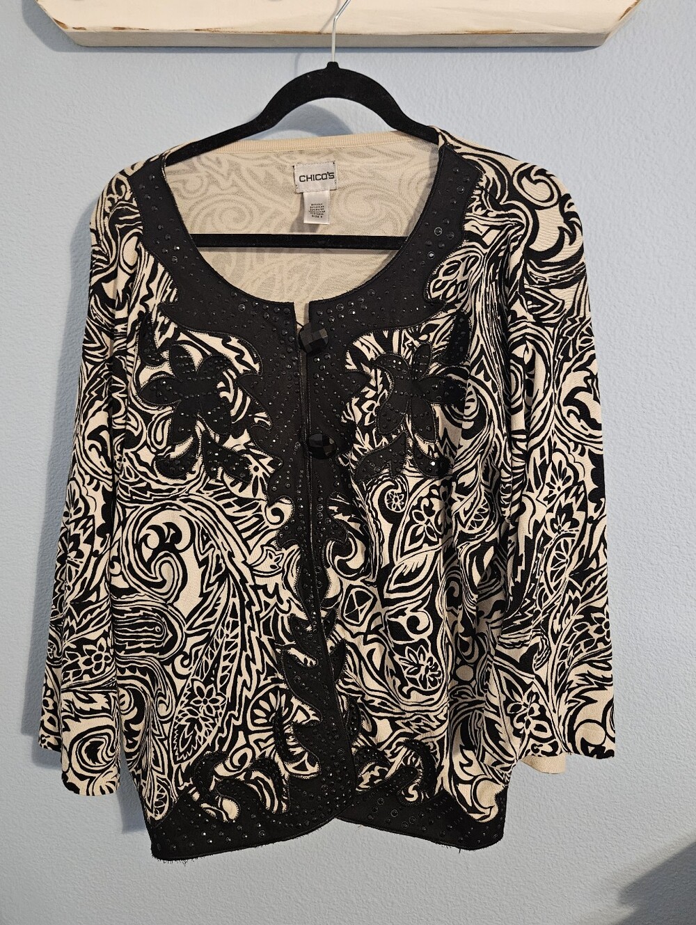 Chico's Black & Cream Floral Print Button Cardigan